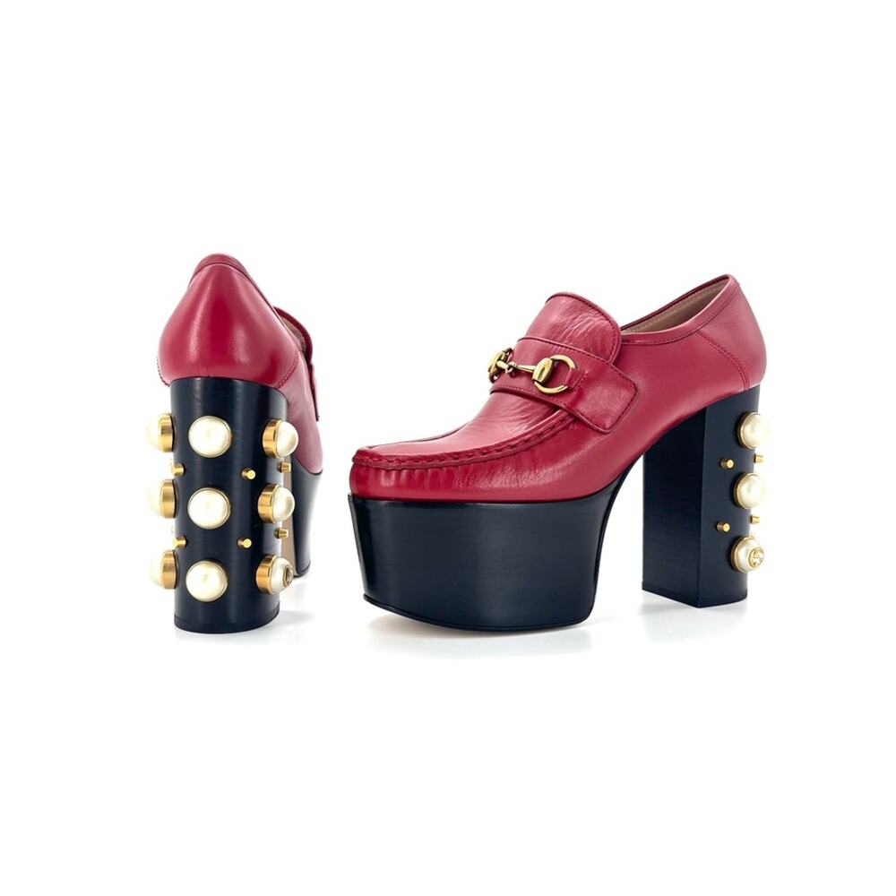 Gucci Vegas Pearl Horsebit Platform High Block Heel Loafers 37 - Picture 3 of 10